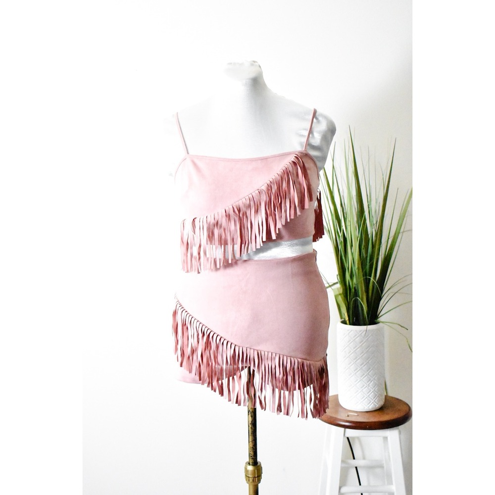 SHEIN Skirt Set Womens Large Pink Modern Faux Suede Fringe Western 2 Piece